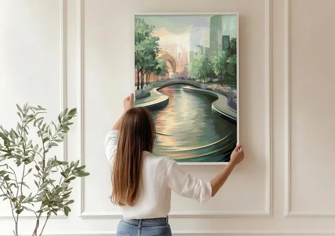 Grand Rapids Riverwalk Serenity canvas wall art being hung on a paneled wall