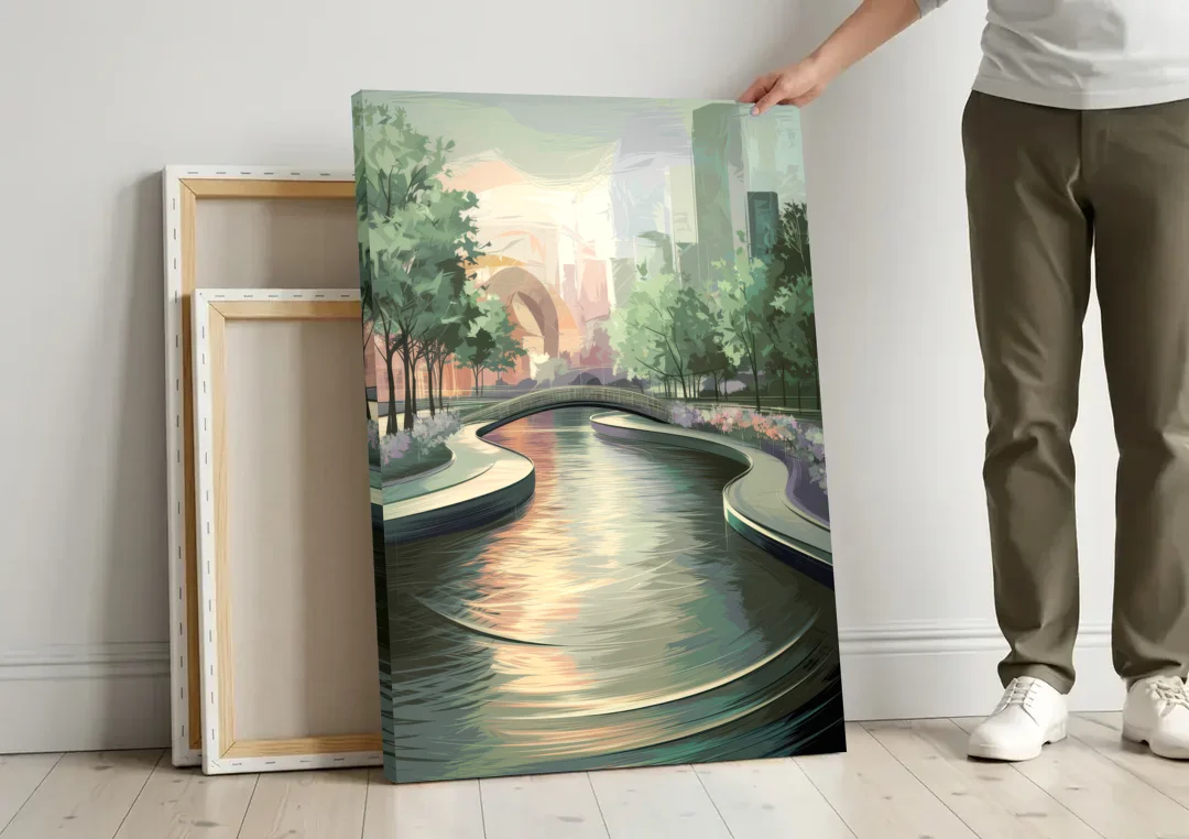 Grand Rapids Riverwalk Serenity canvas wall art leaning against a wall next to blank canvases