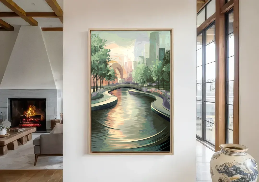 Grand Rapids Riverwalk Serenity canvas wall art in a living room with a fireplace
