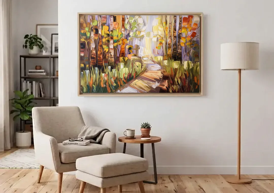 Grand Rapids Seasonal Foliage canvas wall art above an armchair in a bright living room