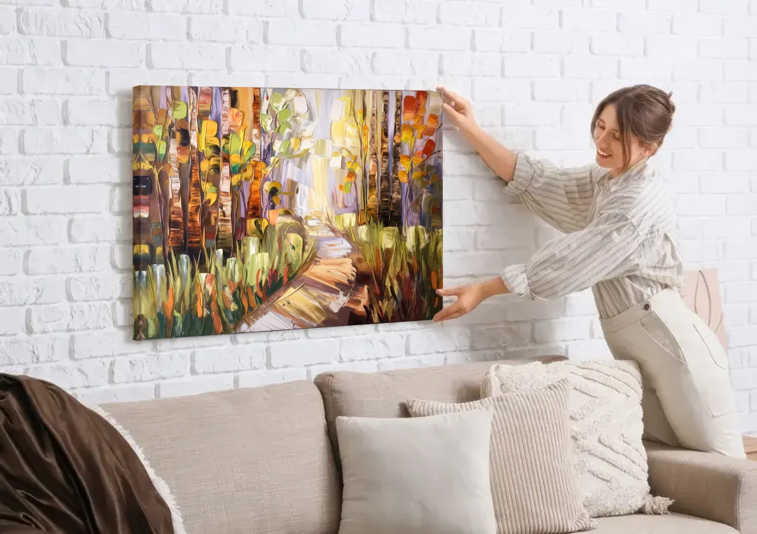 Grand Rapids Seasonal Foliage canvas wall art being hung on a white brick wall above a sofa