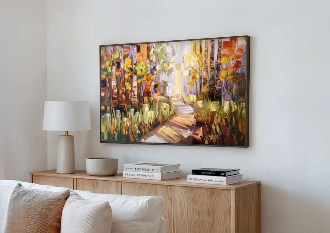 Grand Rapids Seasonal Foliage canvas wall art above a wooden sideboard next to a sofa