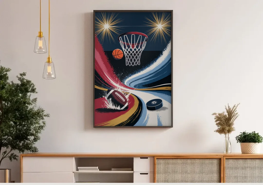 Grand Rapids Sports Team Pride canvas wall art above a wooden sideboard under pendant lights