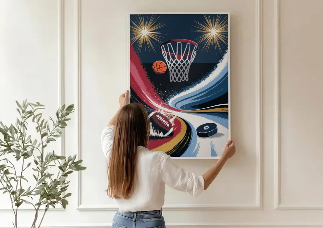 Grand Rapids Sports Team Pride canvas wall art being hung on a paneled wall