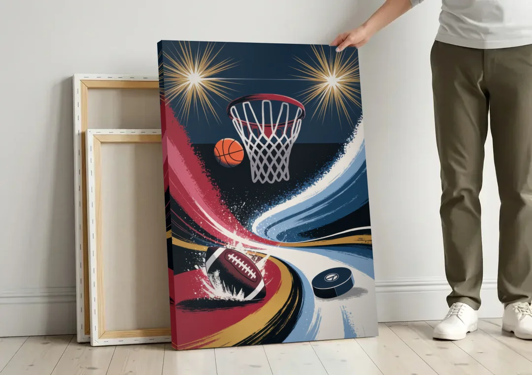 Grand Rapids Sports Team Pride canvas wall art leaning against a wall next to blank canvases