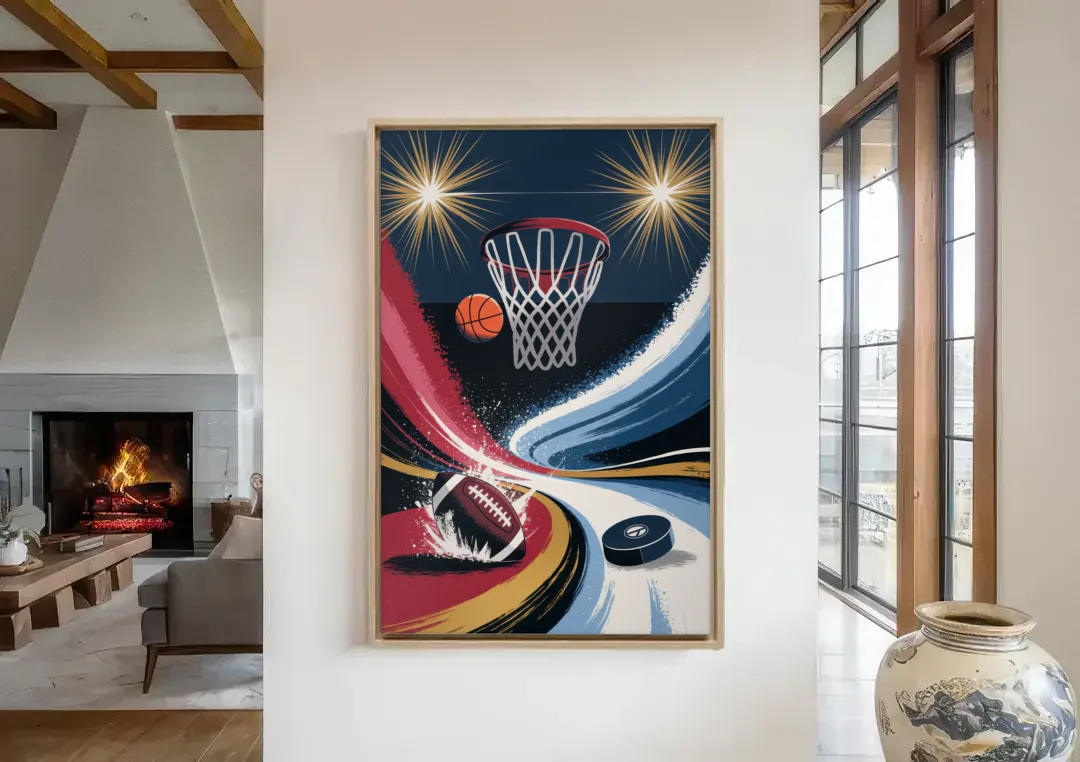 Grand Rapids Sports Team Pride canvas wall art in a living room with a fireplace