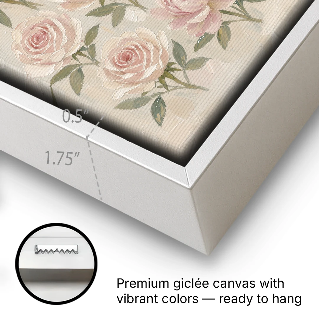 Grandmillennial Wall Art of Peonies and Garden Roses - White Framed Canvas Wall Art - Gallery Wrap Corner