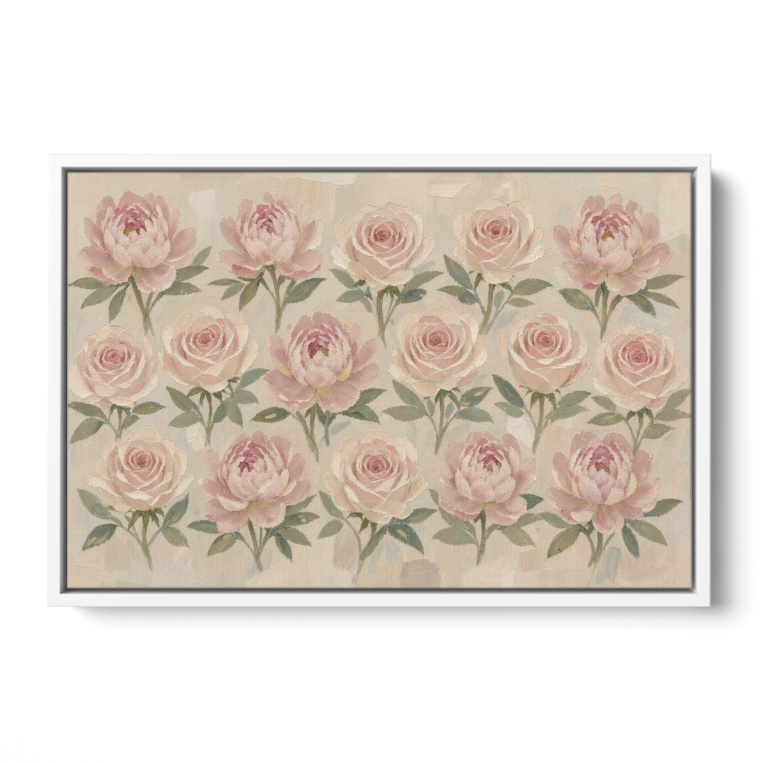 Grandmillennial Wall Art of Peonies and Garden Roses - White Framed Canvas Wall Art - Front