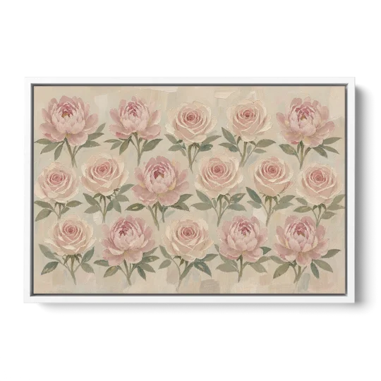 Grandmillennial Wall Art of Peonies and Garden Roses - White Framed Canvas Wall Art - Front