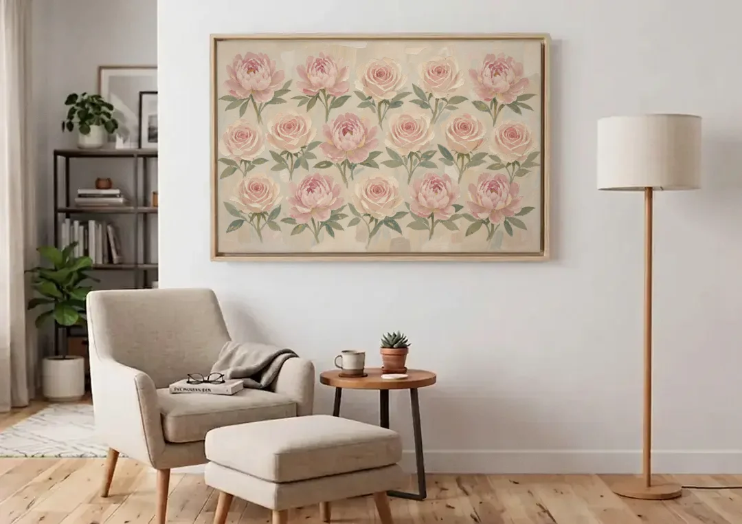 Grandmillennial Wall Art of Peonies and Garden Roses canvas wall art above an armchair in a bright living room
