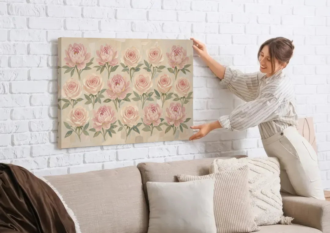 Grandmillennial Wall Art of Peonies and Garden Roses canvas wall art being hung on a white brick wall above a sofa