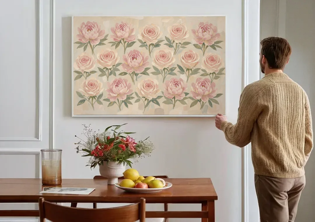 Grandmillennial Wall Art of Peonies and Garden Roses canvas wall art above a dining table
