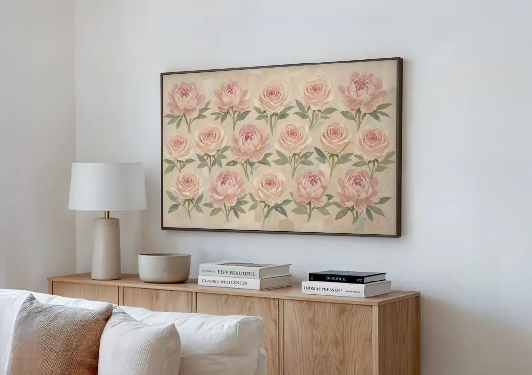 Grandmillennial Wall Art of Peonies and Garden Roses canvas wall art above a wooden sideboard next to a sofa