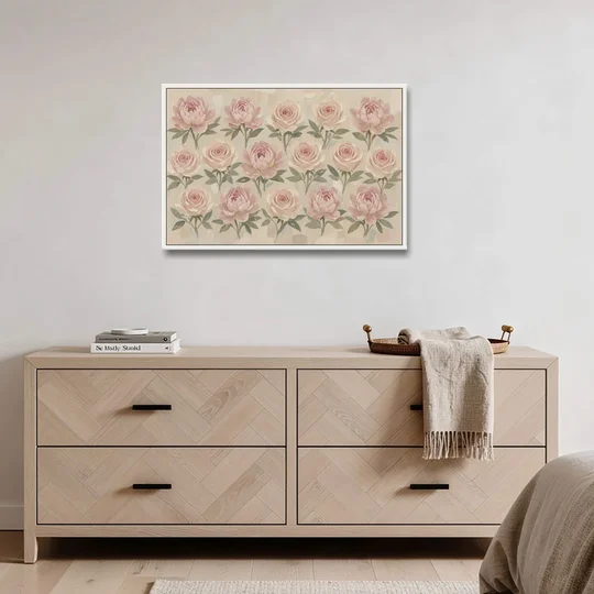Grandmillennial Wall Art of Peonies and Garden Roses - White Framed Canvas Wall Art - Coffee Table - 36x24