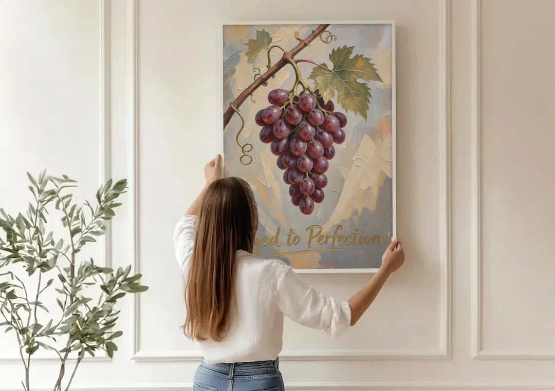 Grape Vine Wall Art Aged to Perfection canvas wall art being hung on a paneled wall