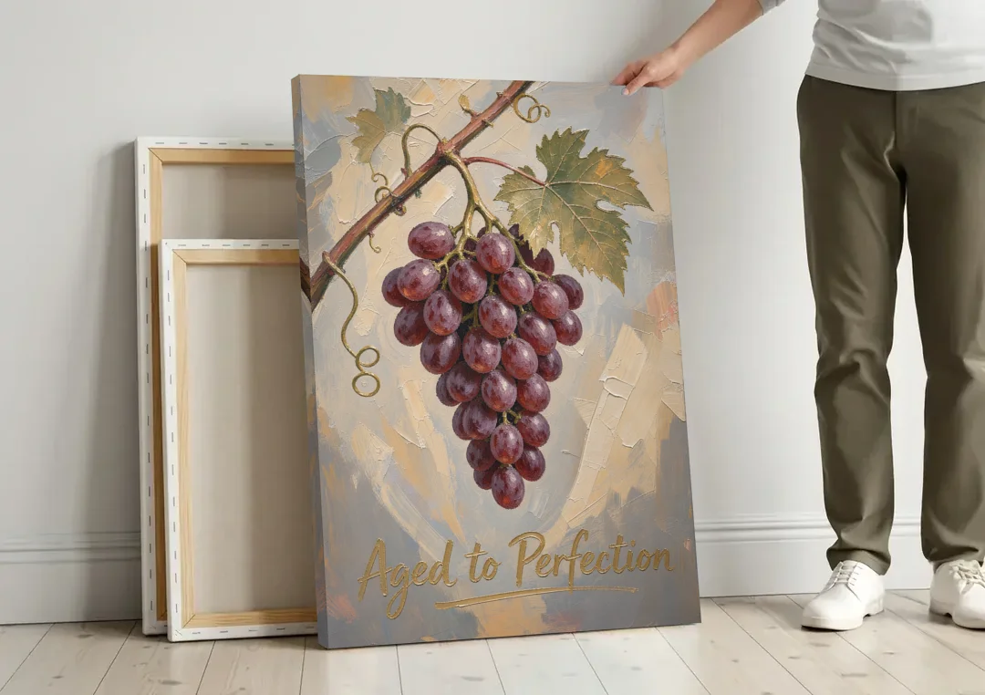 Grape Vine Wall Art Aged to Perfection canvas wall art leaning against a wall next to blank canvases