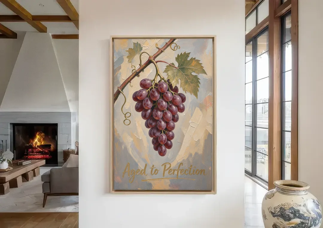 Grape Vine Wall Art Aged to Perfection canvas wall art in a living room with a fireplace