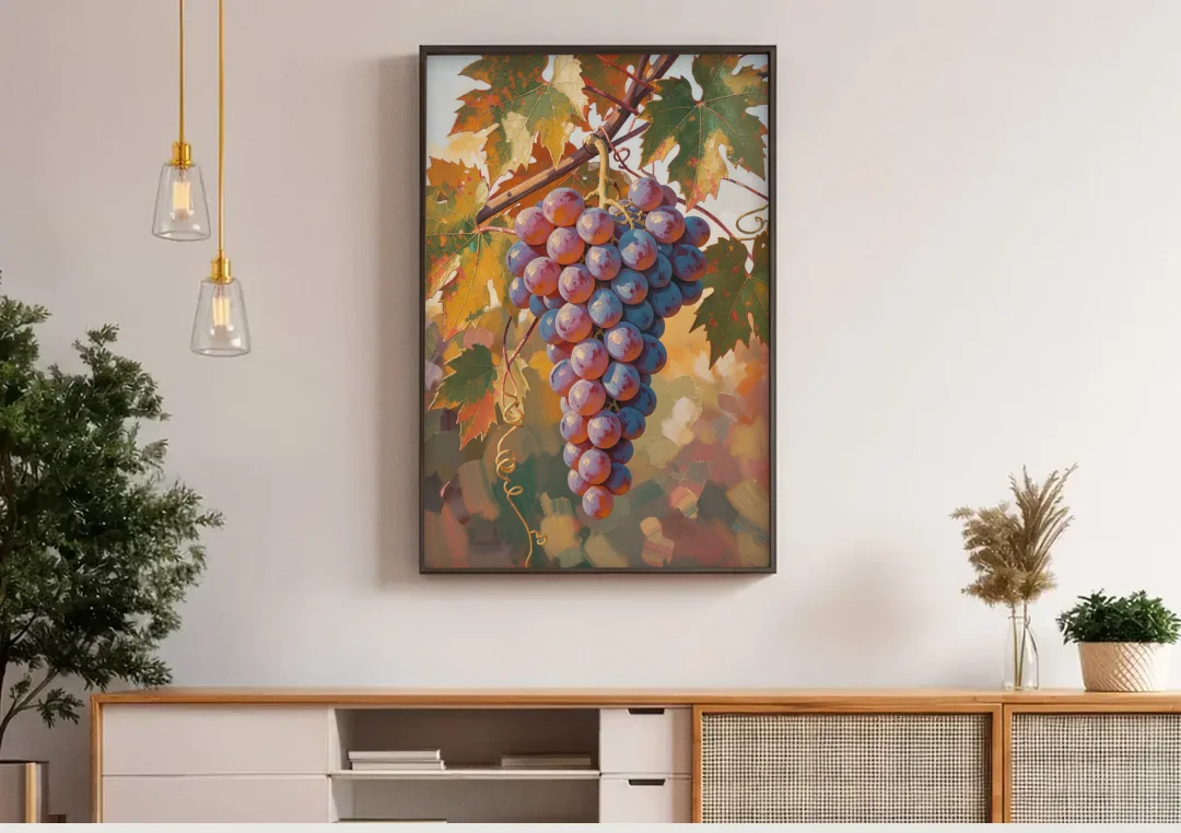 Grapes in Late Vine Light for the Dining Room canvas wall art above a wooden sideboard under pendant lights