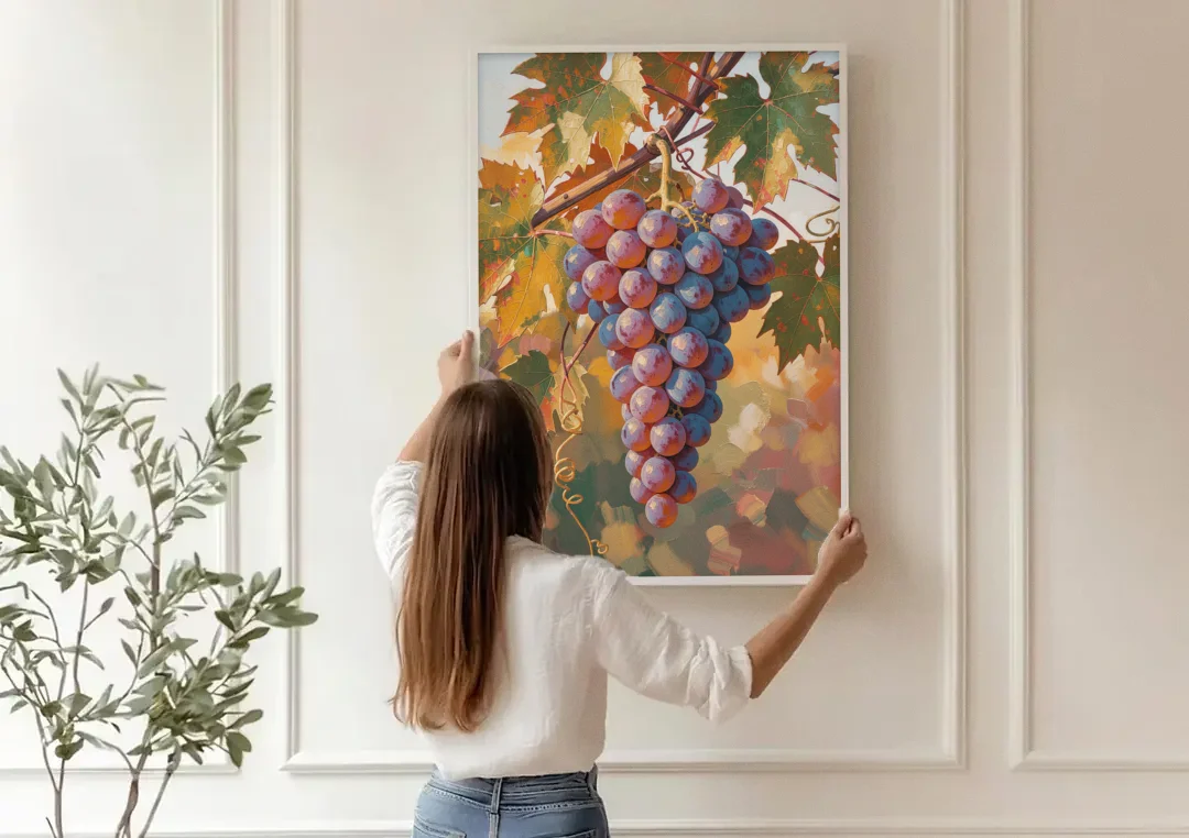Grapes in Late Vine Light for the Dining Room canvas wall art being hung on a paneled wall