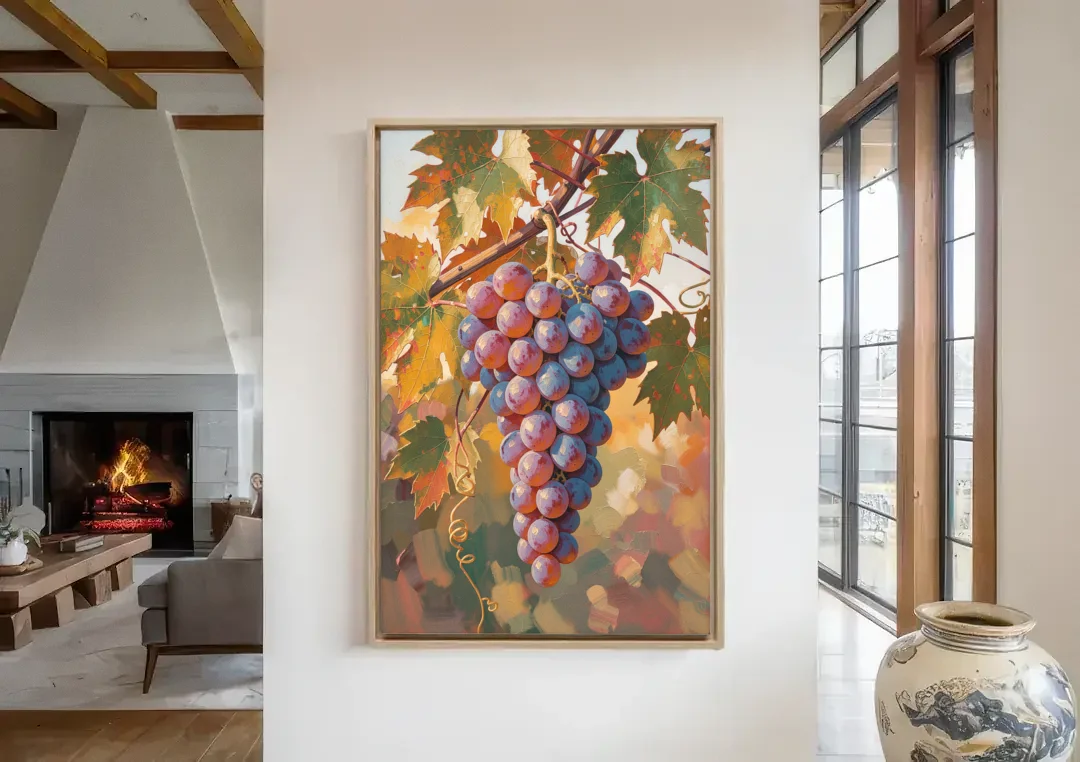 Grapes in Late Vine Light for the Dining Room canvas wall art in a living room with a fireplace