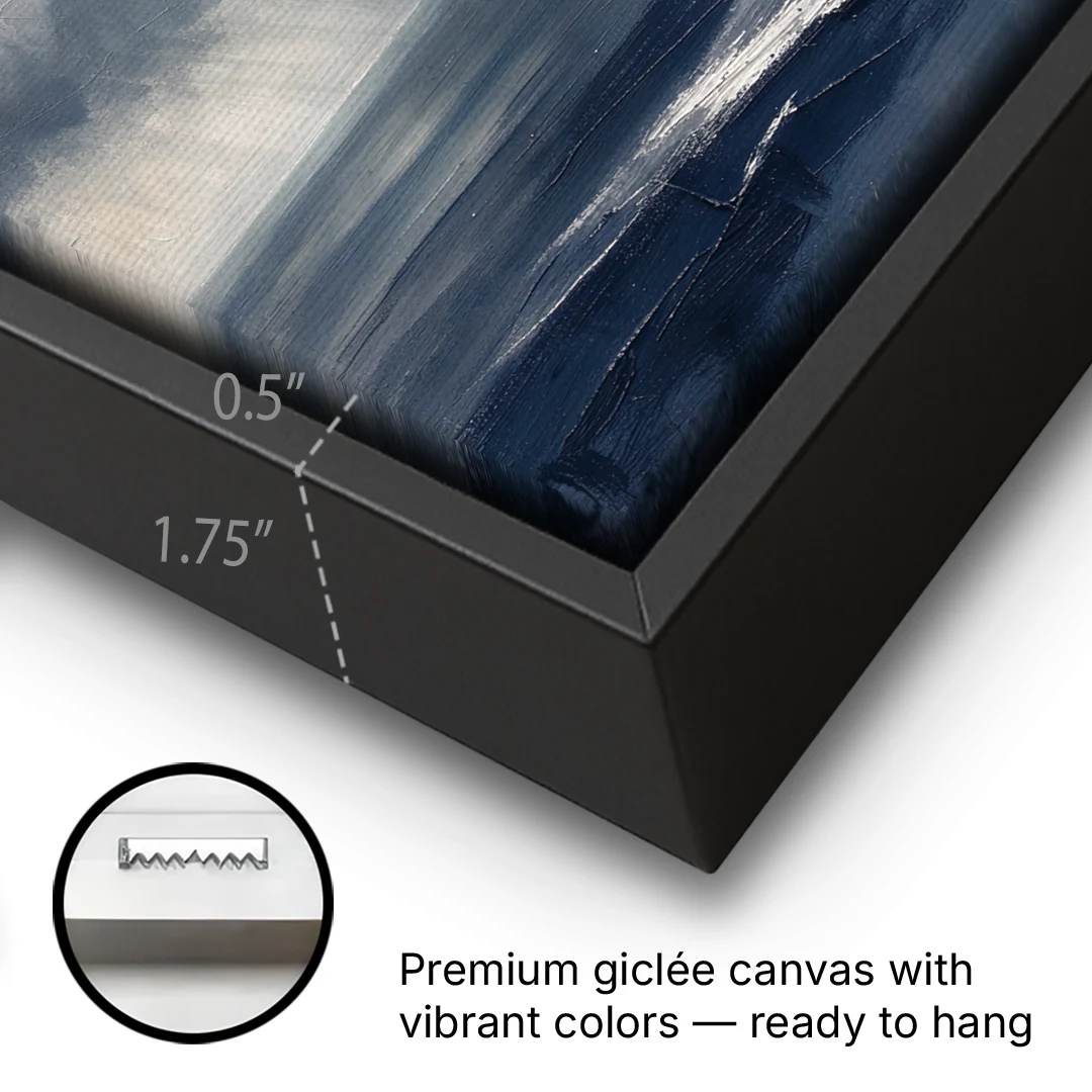 Gray and Blue Wall Art of a Sea Squall - Black Framed Canvas Wall Art - Gallery Wrap Corner