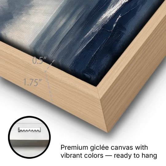 Gray and Blue Wall Art of a Sea Squall - Oak Framed Canvas Wall Art - Gallery Wrap Corner