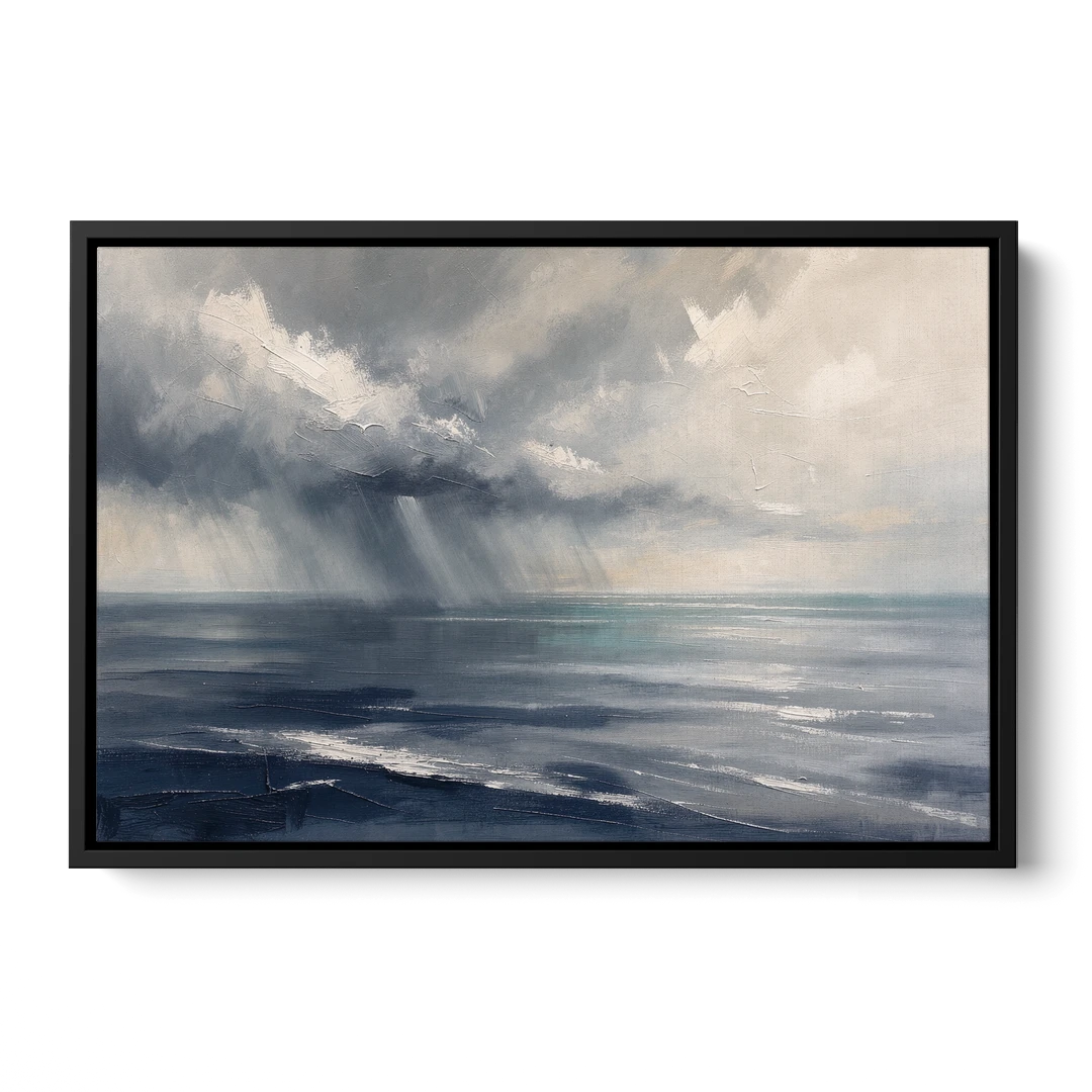 Gray and Blue Wall Art of a Sea Squall - Black Framed Canvas Wall Art - Front
