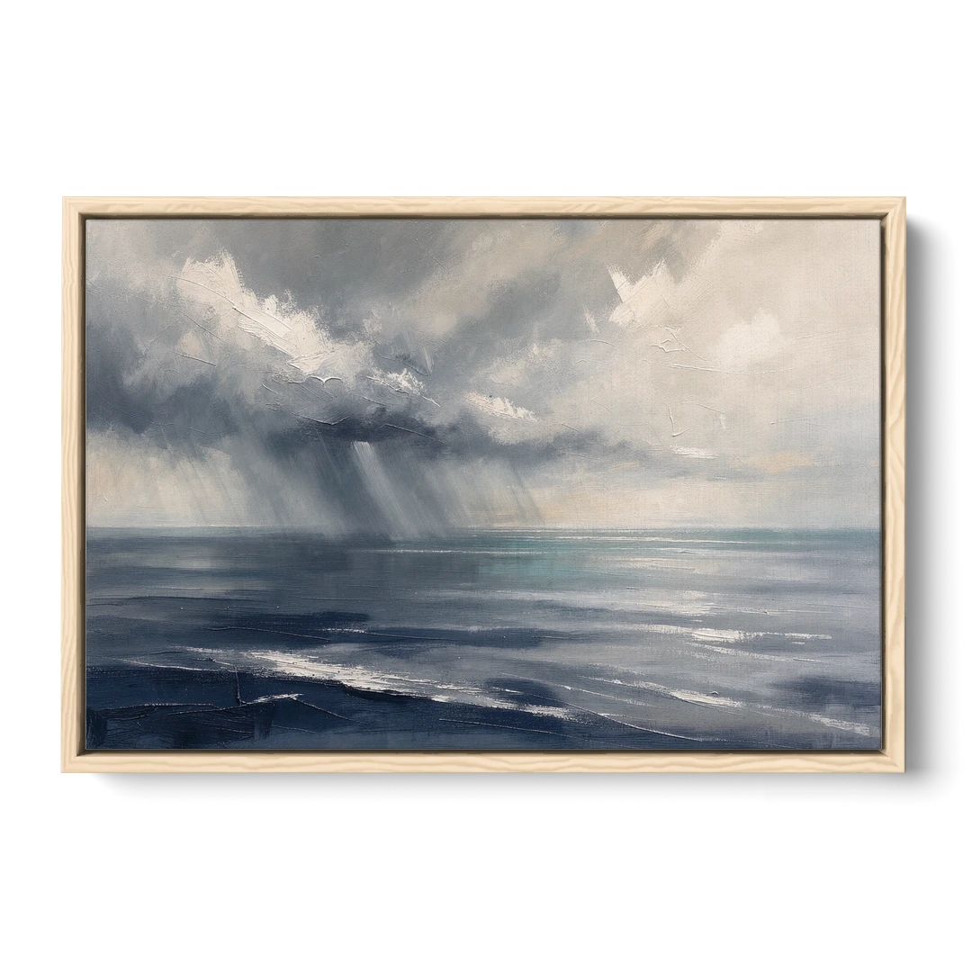 Gray and Blue Wall Art of a Sea Squall - Oak Framed Canvas Wall Art - Front