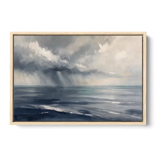 Gray and Blue Wall Art of a Sea Squall - Oak Framed Canvas Wall Art - Front