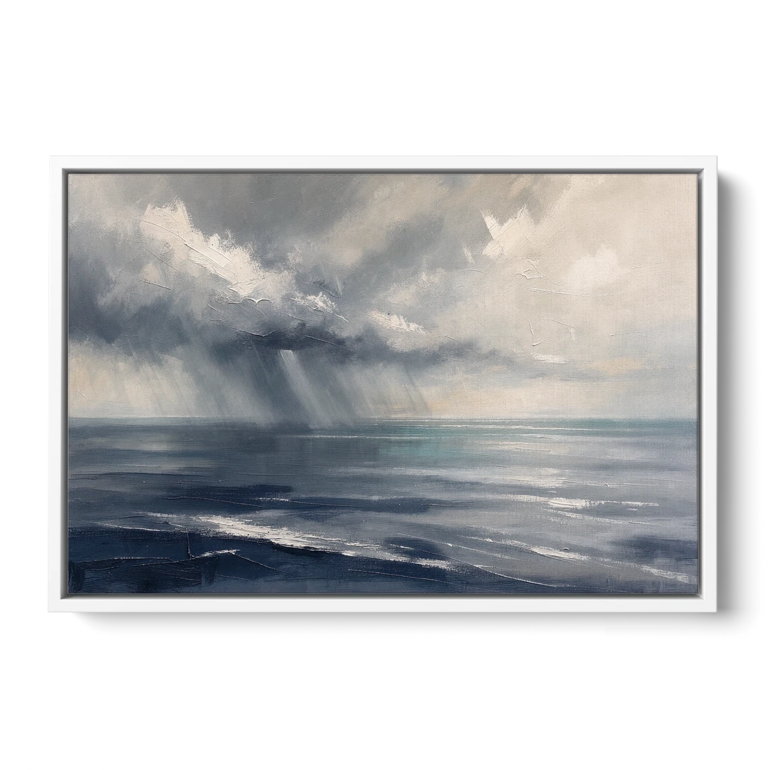 Gray and Blue Wall Art of a Sea Squall - White Framed Canvas Wall Art - Front