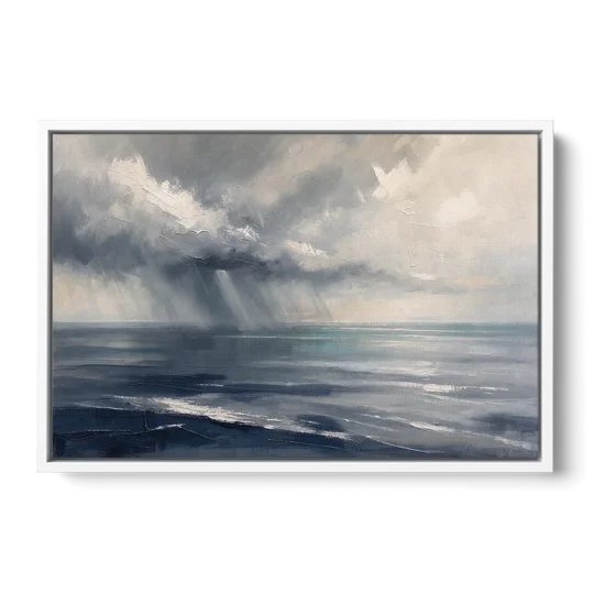 Gray and Blue Wall Art of a Sea Squall - White Framed Canvas Wall Art - Front