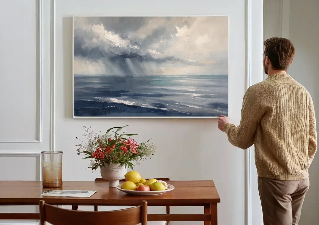 Gray and Blue Wall Art of a Sea Squall canvas wall art above a dining table