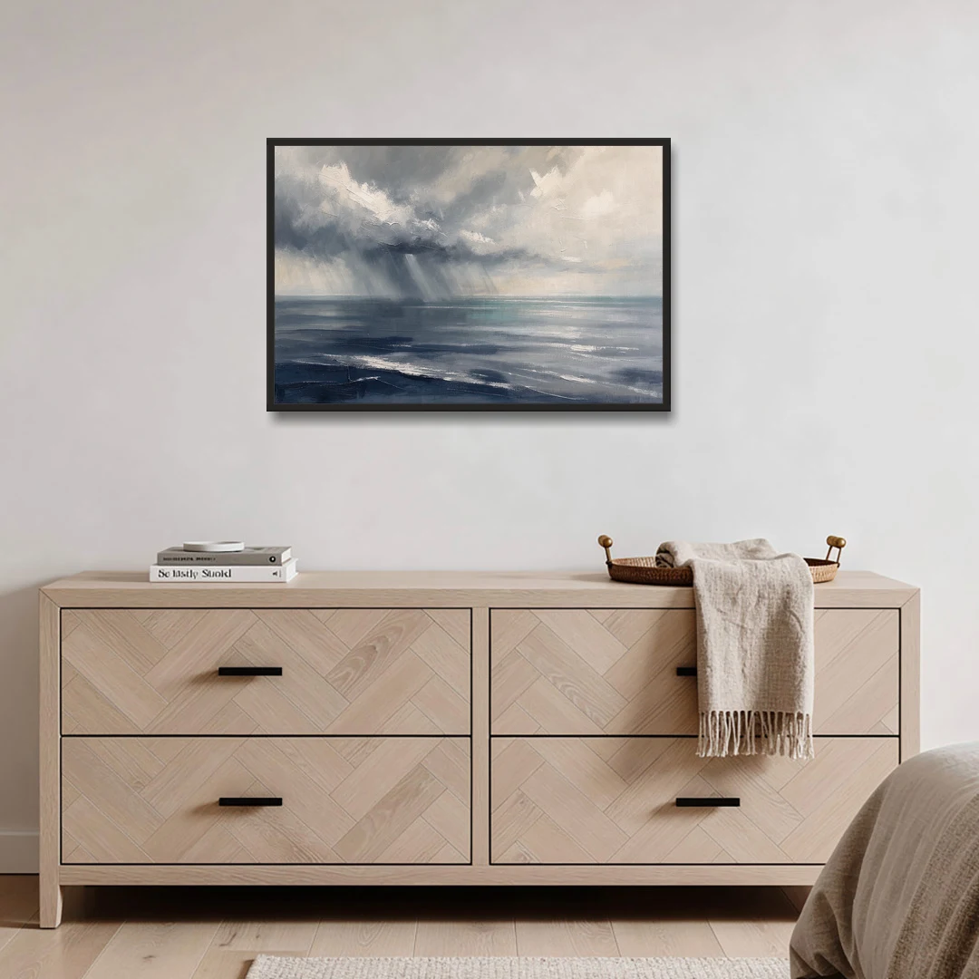 Gray and Blue Wall Art of a Sea Squall - Black Framed Canvas Wall Art - Coffee Table - 36x24