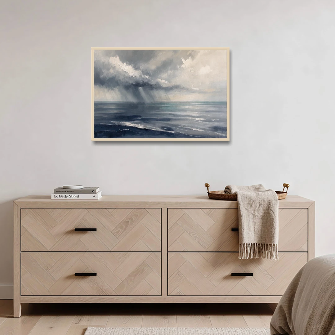 Gray and Blue Wall Art of a Sea Squall - Oak Framed Canvas Wall Art - Coffee Table - 36x24