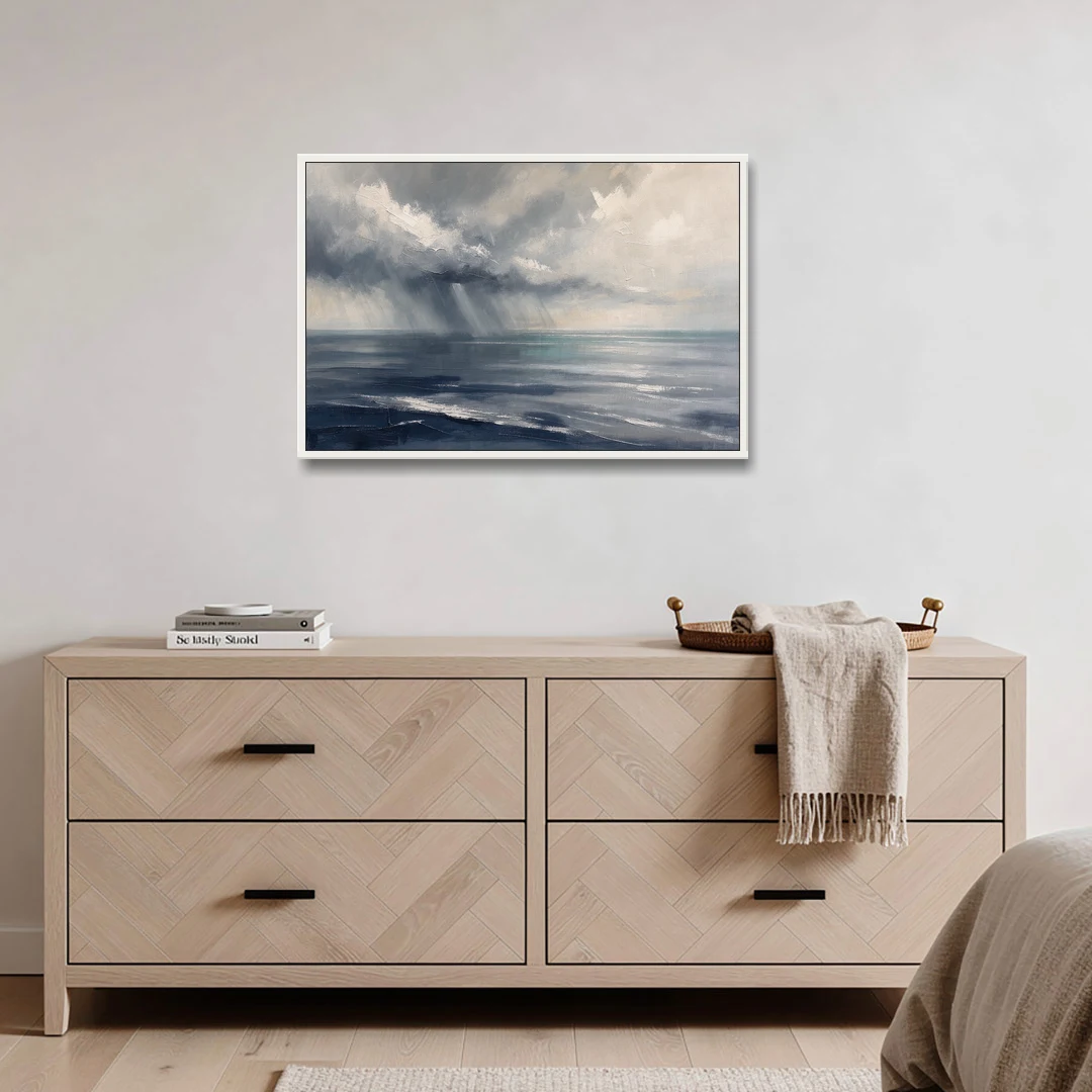 Gray and Blue Wall Art of a Sea Squall - White Framed Canvas Wall Art - Coffee Table - 36x24