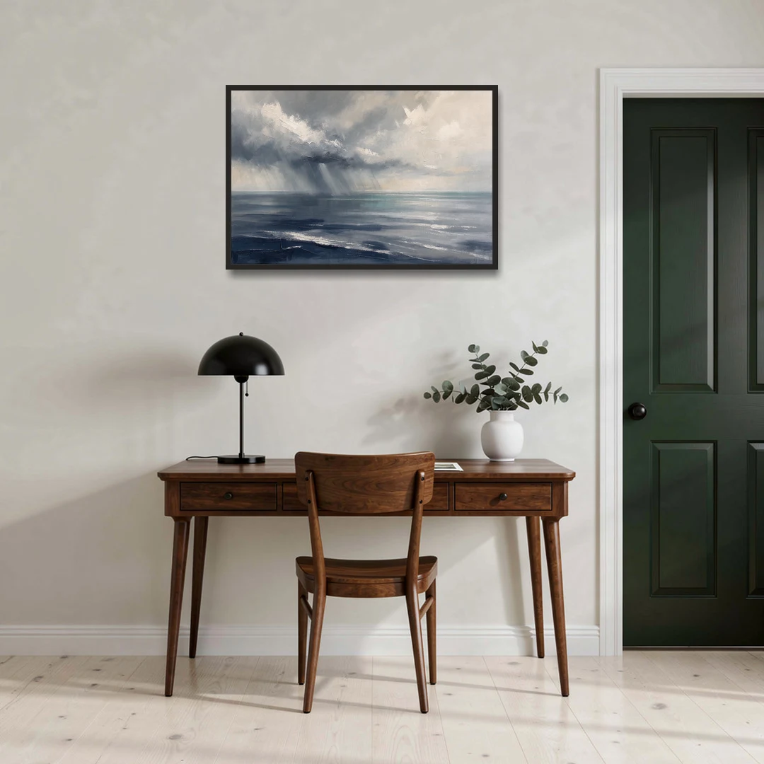 Gray and Blue Wall Art of a Sea Squall - Black Framed Canvas Wall Art - Office - 36x24
