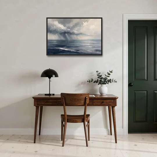Gray and Blue Wall Art of a Sea Squall - Black Framed Canvas Wall Art - Office - 36x24