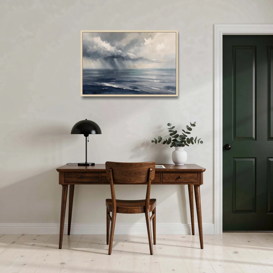 Gray and Blue Wall Art of a Sea Squall - Oak Framed Canvas Wall Art - Office - 36x24