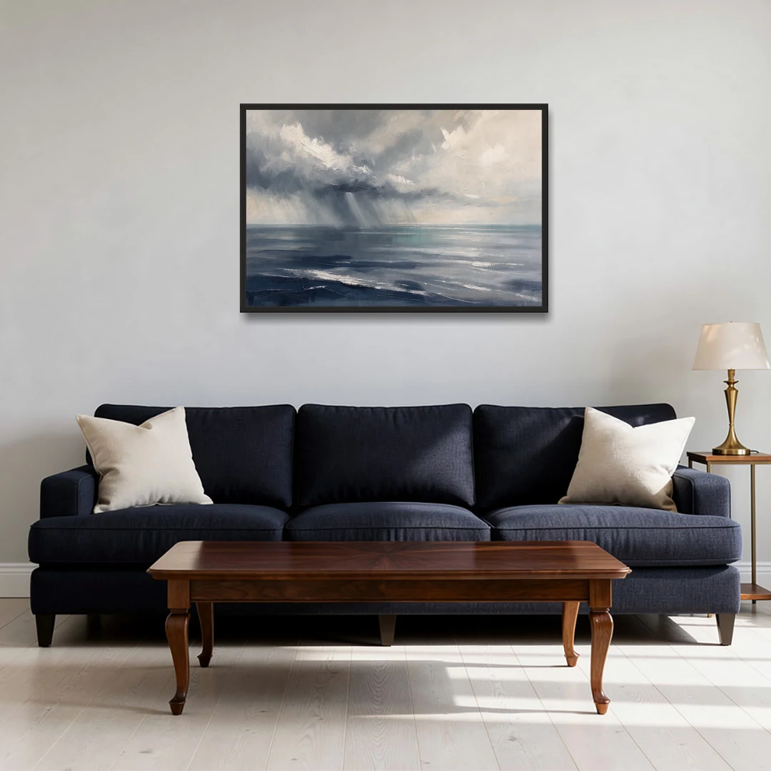 Gray and Blue Wall Art of a Sea Squall - Black Framed Canvas Wall Art - Sofa - 36x24