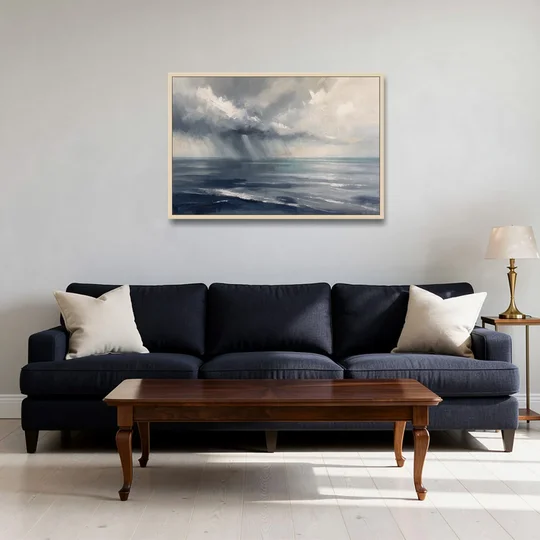 Gray and Blue Wall Art of a Sea Squall - Oak Framed Canvas Wall Art - Sofa - 36x24