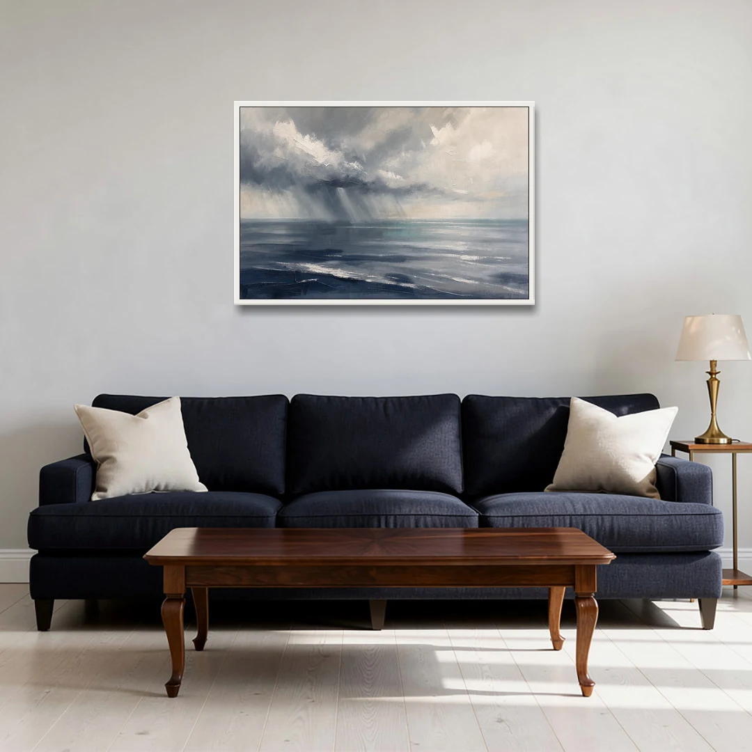 Gray and Blue Wall Art of a Sea Squall - White Framed Canvas Wall Art - Sofa - 36x24