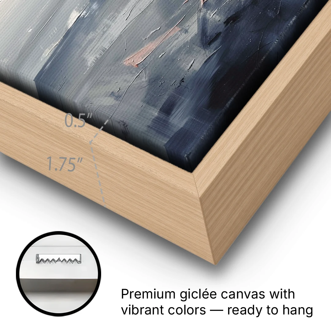 Gray Rain Curtain at Sea for the Bathroom - Oak Framed Canvas Wall Art - Gallery Wrap Corner