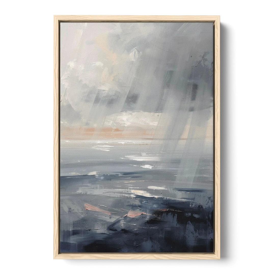 Gray Rain Curtain at Sea for the Bathroom - Oak Framed Canvas Wall Art - Front