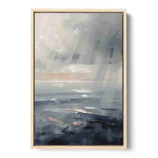 Gray Rain Curtain at Sea for the Bathroom - Oak Framed Canvas Wall Art - Front