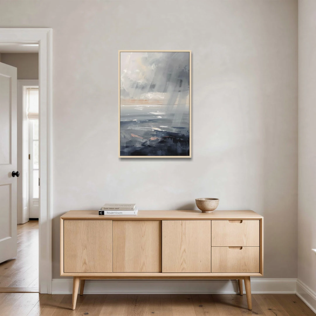 Gray Rain Curtain at Sea for the Bathroom - Oak Framed Canvas Wall Art - Coffee Table - 24x36