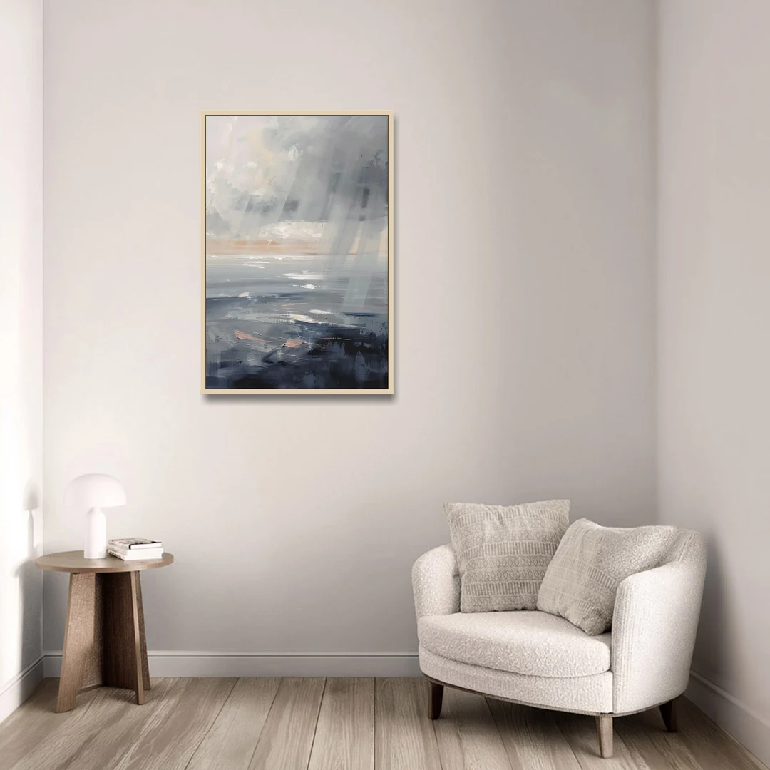 Gray Rain Curtain at Sea for the Bathroom - Oak Framed Canvas Wall Art - Sofa - 24x36