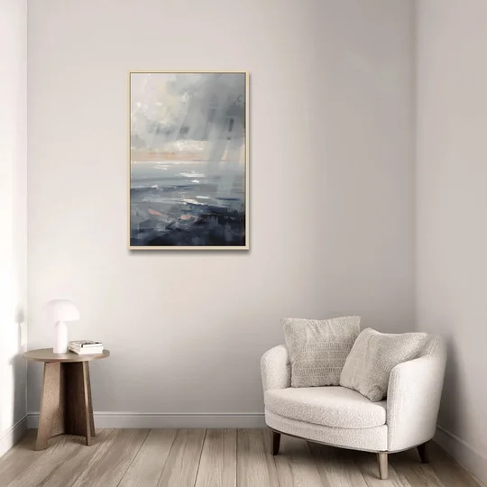 Gray Rain Curtain at Sea for the Bathroom - Oak Framed Canvas Wall Art - Sofa - 24x36