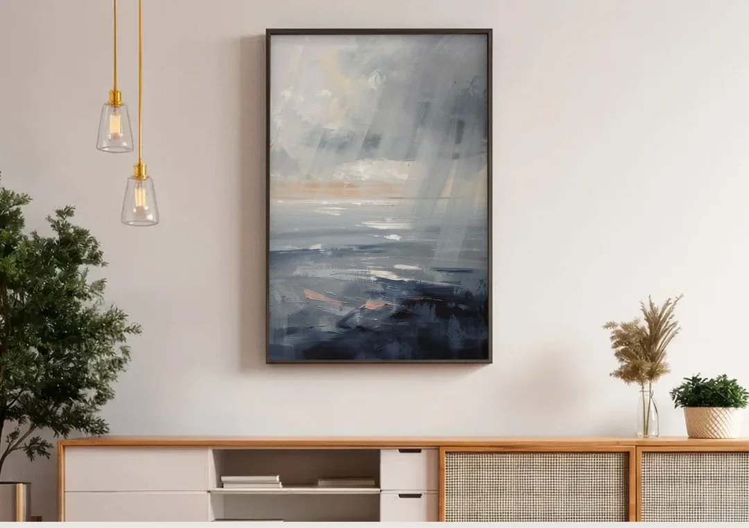 Gray Rain Curtain at Sea for the Bathroom canvas wall art above a wooden sideboard under pendant lights