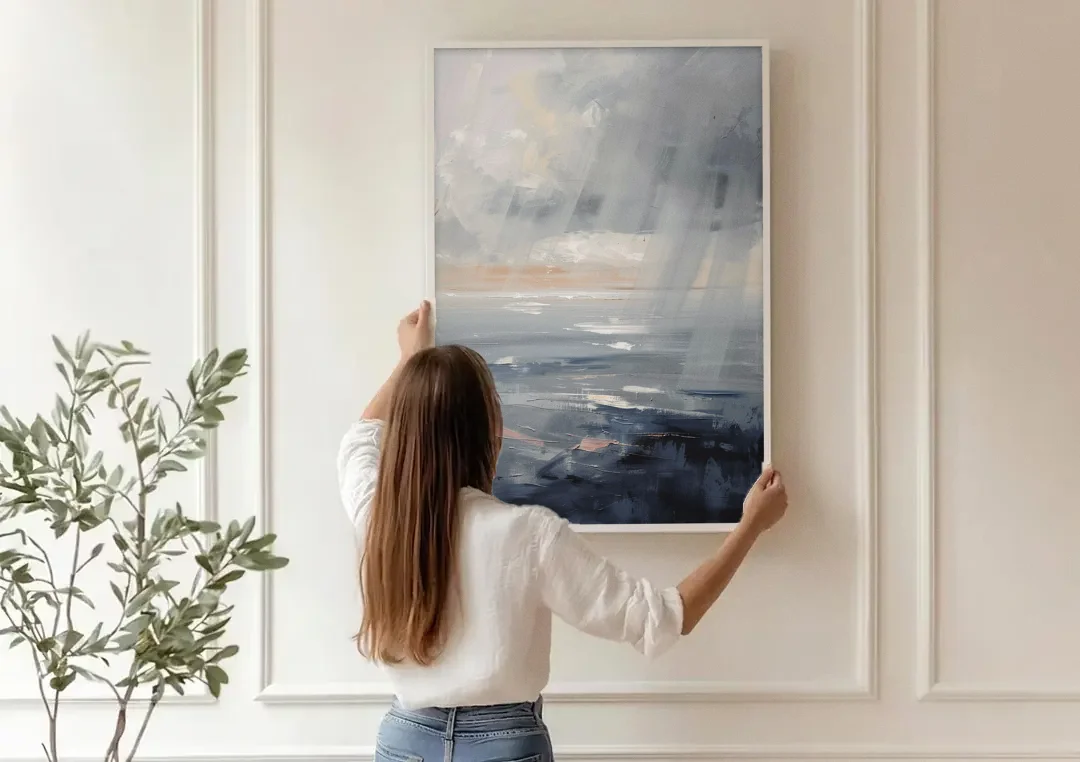 Gray Rain Curtain at Sea for the Bathroom canvas wall art being hung on a paneled wall