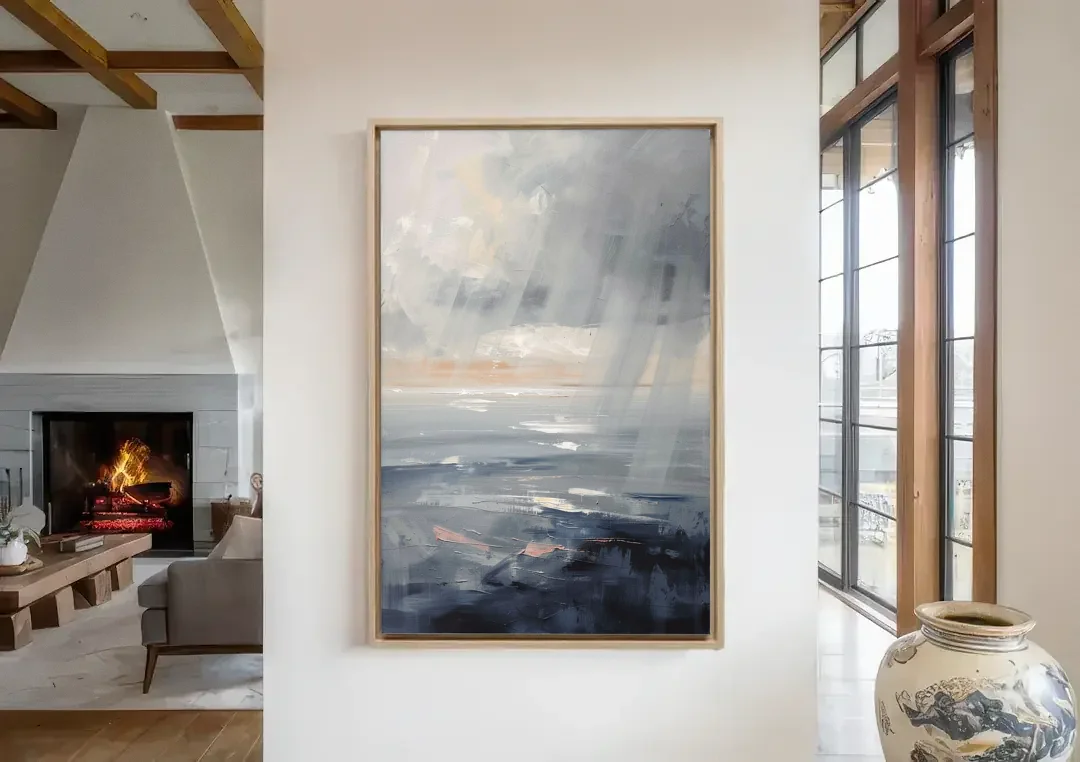 Gray Rain Curtain at Sea for the Bathroom canvas wall art in a living room with a fireplace